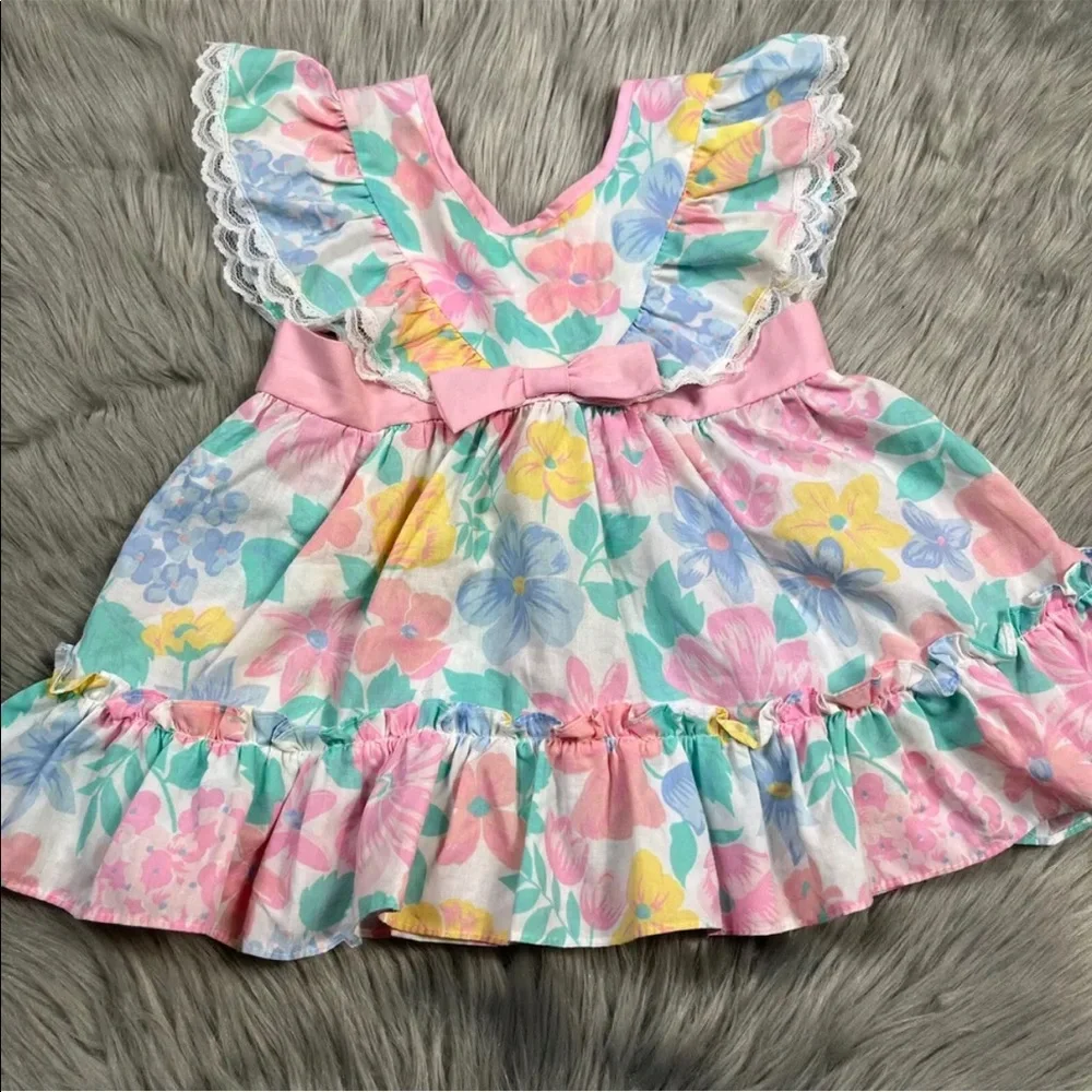 Vintage Baby Girls Blue Pink Floral Ruffle Pinafore Dress